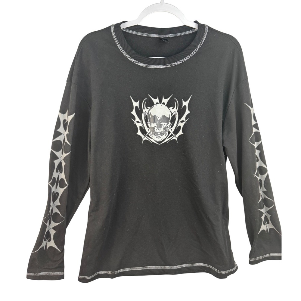 ROMWE Womens Black Skull Tribal Graphic Long Sleeve Tee Contrast Stitch Size M